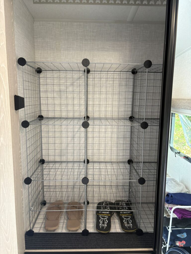Folded clothing in modular RV closet shelves